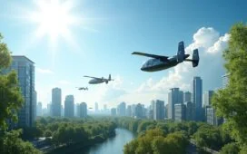 Ein sonnendurchfluteter Blick über eine lebendige, moderne Stadt mit strahlend blauen Himmel, in dem mehrere elegante, futuristisch designte, elektrisch angetriebene eVTOL-Lufttaxis geräuschlos ihre waagrechten und vertikalen Flugmanöver zwischen grünen Hochhäusern und urbanen Parks vollführen, während Passanten am Boden entspannt den Himmelsverkehr bewundern und ein Gefühl von Aufbruch und nachhaltiger Innovation spürbar wird.