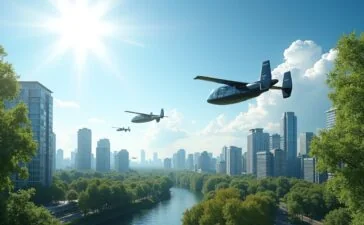 Ein sonnendurchfluteter Blick über eine lebendige, moderne Stadt mit strahlend blauen Himmel, in dem mehrere elegante, futuristisch designte, elektrisch angetriebene eVTOL-Lufttaxis geräuschlos ihre waagrechten und vertikalen Flugmanöver zwischen grünen Hochhäusern und urbanen Parks vollführen, während Passanten am Boden entspannt den Himmelsverkehr bewundern und ein Gefühl von Aufbruch und nachhaltiger Innovation spürbar wird.