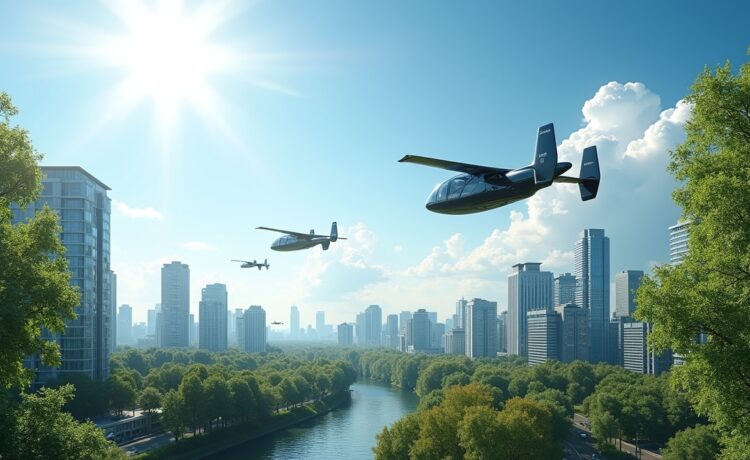 Ein sonnendurchfluteter Blick über eine lebendige, moderne Stadt mit strahlend blauen Himmel, in dem mehrere elegante, futuristisch designte, elektrisch angetriebene eVTOL-Lufttaxis geräuschlos ihre waagrechten und vertikalen Flugmanöver zwischen grünen Hochhäusern und urbanen Parks vollführen, während Passanten am Boden entspannt den Himmelsverkehr bewundern und ein Gefühl von Aufbruch und nachhaltiger Innovation spürbar wird.