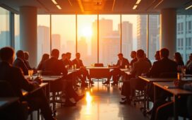 Ein hell erleuchteter, moderner Konferenzraum mit entspannt diskutierenden Forschern und Fachleuten, deren lebendige Mimik und natürliche Gesten die spannende Dynamik des globalen KI-Wettlaufs zwischen USA und China einfangen, umgeben von dezent technischer Atmosphäre und warmen Sonnenstrahlen, die durch große Fenster fallen.