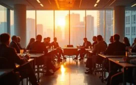 Ein hell erleuchteter, moderner Konferenzraum mit entspannt diskutierenden Forschern und Fachleuten, deren lebendige Mimik und natürliche Gesten die spannende Dynamik des globalen KI-Wettlaufs zwischen USA und China einfangen, umgeben von dezent technischer Atmosphäre und warmen Sonnenstrahlen, die durch große Fenster fallen.