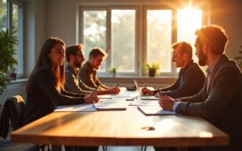 In einem hell erleuchteten, modernen Büro sitzt ein engagiertes Entwicklerteam entspannt um einen großen Holztisch, vertieft in lebhafte Gespräche und Skizzen auf Papier, während warme Sonnenstrahlen durch bodentiefe Fenster fallen und eine freundliche, kreative Atmosphäre schaffen, die den Austausch von Ideen für nachhaltige Softwarearchitekturen lebendig widerspiegelt.
