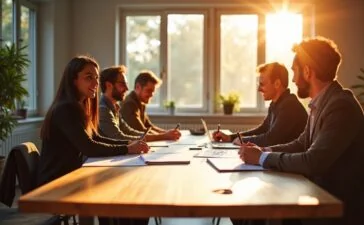 In einem hell erleuchteten, modernen Büro sitzt ein engagiertes Entwicklerteam entspannt um einen großen Holztisch, vertieft in lebhafte Gespräche und Skizzen auf Papier, während warme Sonnenstrahlen durch bodentiefe Fenster fallen und eine freundliche, kreative Atmosphäre schaffen, die den Austausch von Ideen für nachhaltige Softwarearchitekturen lebendig widerspiegelt.