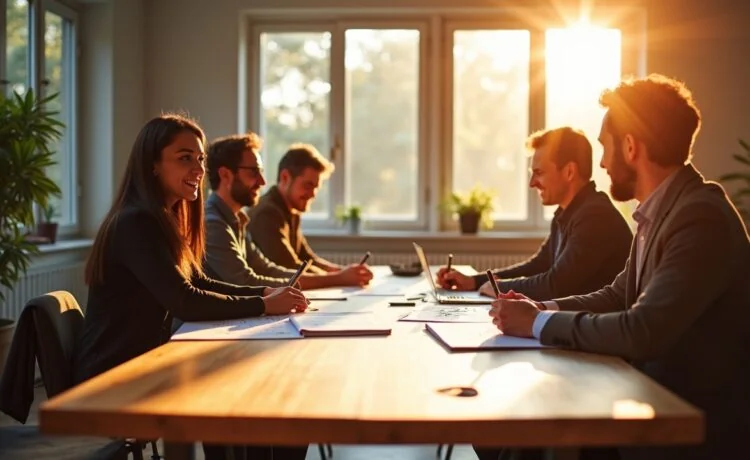 In einem hell erleuchteten, modernen Büro sitzt ein engagiertes Entwicklerteam entspannt um einen großen Holztisch, vertieft in lebhafte Gespräche und Skizzen auf Papier, während warme Sonnenstrahlen durch bodentiefe Fenster fallen und eine freundliche, kreative Atmosphäre schaffen, die den Austausch von Ideen für nachhaltige Softwarearchitekturen lebendig widerspiegelt.