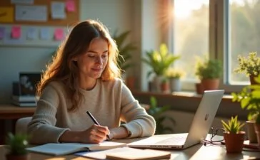 Ein warm erleuchtetes, modernes Arbeitszimmer mit fokussiert lächelnder Person mittleren Alters vor einem aufgeschlagenen Buch und Laptop, umgeben von Notizen und Pflanzen, das die harmonische Verbindung von menschlichem Denken und KI-gestütztem Lernen in natürlichem Tageslicht einfängt.