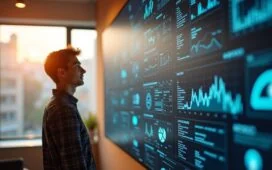Ein warm erleuchtetes, modernes Büro mit einem nachdenklich lächelnden jungen Erwachsenen vor einem großen Bildschirm, auf dem komplexe Daten und futuristische KI-Symbole schemenhaft reflektiert sind, während natürliches Tageslicht durch ein Fenster fällt und eine vertrauensvolle, hoffnungsvolle Atmosphäre schafft.