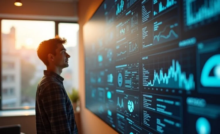 Ein warm erleuchtetes, modernes Büro mit einem nachdenklich lächelnden jungen Erwachsenen vor einem großen Bildschirm, auf dem komplexe Daten und futuristische KI-Symbole schemenhaft reflektiert sind, während natürliches Tageslicht durch ein Fenster fällt und eine vertrauensvolle, hoffnungsvolle Atmosphäre schafft.