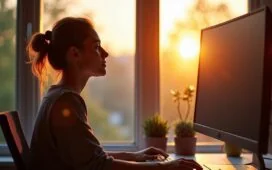 In einem hell erleuchteten, modernen Büro strahlt eine junge Programmiererin mit entspannter Konzentration vor ihrem Bildschirm, während die sanfte Nachmittagssonne durch das Fenster fällt und eine warme Atmosphäre voller kreativem Flow und technischer Innovation schafft.