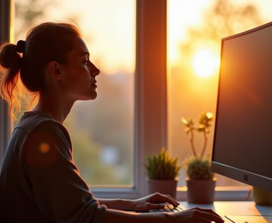 In einem hell erleuchteten, modernen Büro strahlt eine junge Programmiererin mit entspannter Konzentration vor ihrem Bildschirm, während die sanfte Nachmittagssonne durch das Fenster fällt und eine warme Atmosphäre voller kreativem Flow und technischer Innovation schafft.