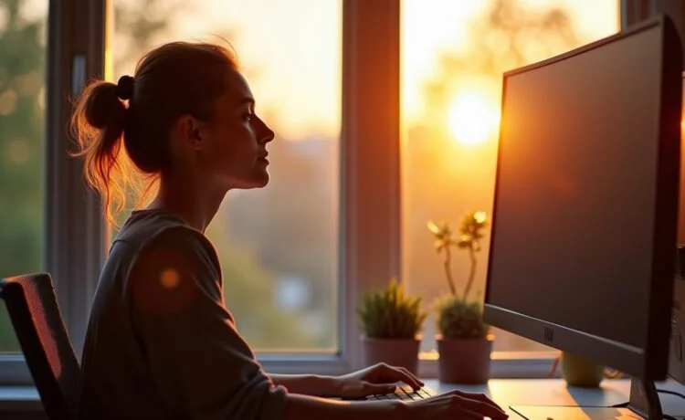In einem hell erleuchteten, modernen Büro strahlt eine junge Programmiererin mit entspannter Konzentration vor ihrem Bildschirm, während die sanfte Nachmittagssonne durch das Fenster fällt und eine warme Atmosphäre voller kreativem Flow und technischer Innovation schafft.