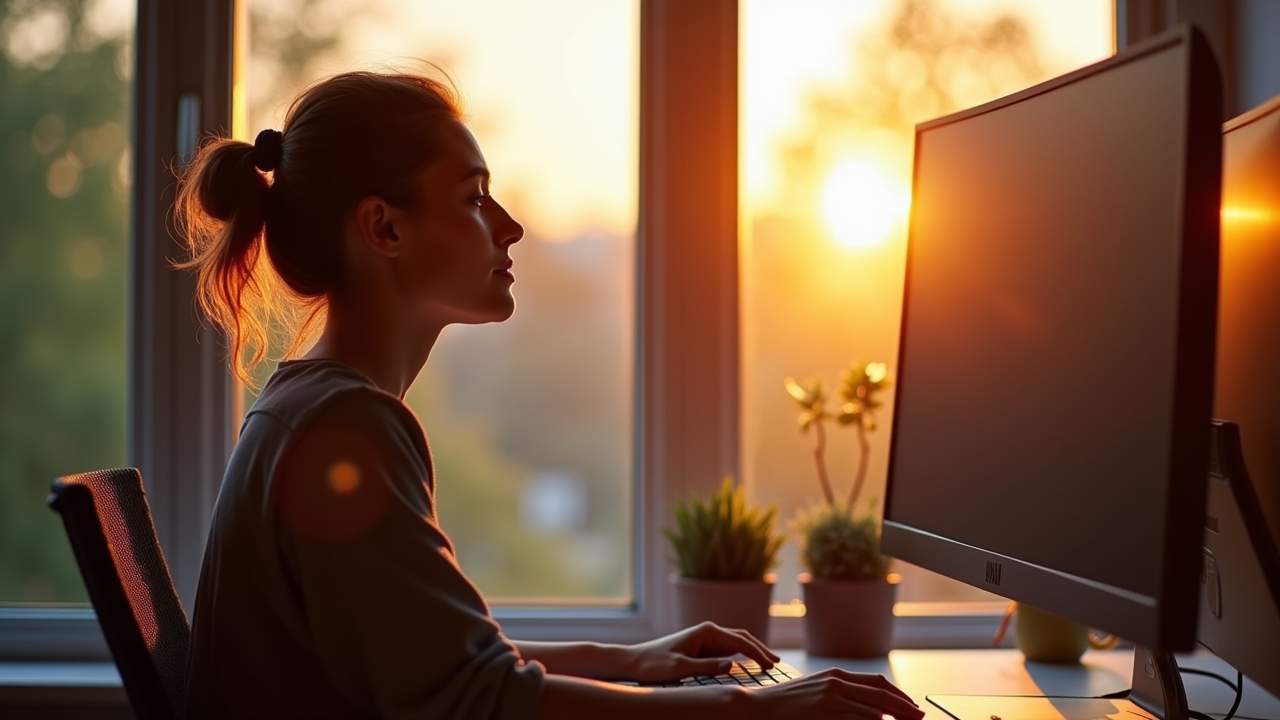 In einem hell erleuchteten, modernen Büro strahlt eine junge Programmiererin mit entspannter Konzentration vor ihrem Bildschirm, während die sanfte Nachmittagssonne durch das Fenster fällt und eine warme Atmosphäre voller kreativem Flow und technischer Innovation schafft.