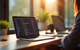 Ein sonnendurchfluteter Arbeitsplatz mit einem modernen MacBook, dessen Bildschirm eine farbenfrohe, übersichtliche Git-Branch-Visualisierung zeigt, umgeben von entspannten Entwicklern in warmem, natürlichem Licht, das eine freundliche und produktive Atmosphäre ausstrahlt.