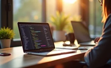 Ein sonnendurchfluteter Arbeitsplatz mit einem modernen MacBook, dessen Bildschirm eine farbenfrohe, übersichtliche Git-Branch-Visualisierung zeigt, umgeben von entspannten Entwicklern in warmem, natürlichem Licht, das eine freundliche und produktive Atmosphäre ausstrahlt.