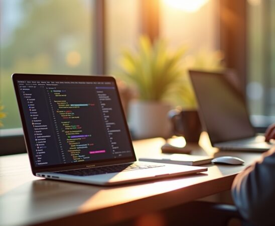 Ein sonnendurchfluteter Arbeitsplatz mit einem modernen MacBook, dessen Bildschirm eine farbenfrohe, übersichtliche Git-Branch-Visualisierung zeigt, umgeben von entspannten Entwicklern in warmem, natürlichem Licht, das eine freundliche und produktive Atmosphäre ausstrahlt.