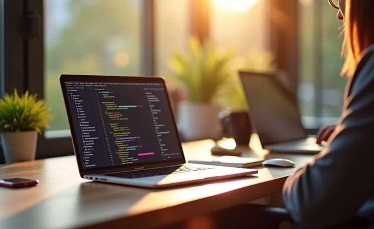 Ein sonnendurchfluteter Arbeitsplatz mit einem modernen MacBook, dessen Bildschirm eine farbenfrohe, übersichtliche Git-Branch-Visualisierung zeigt, umgeben von entspannten Entwicklern in warmem, natürlichem Licht, das eine freundliche und produktive Atmosphäre ausstrahlt.