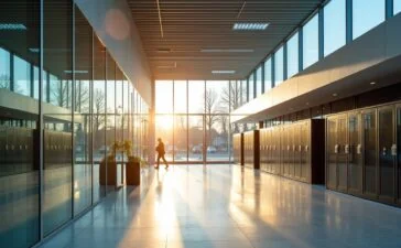 Ein strahlend helles, modern designtes Rechenzentrum in Amsterdam-West, fotografiert bei warmem Tageslicht mit klaren, realistischen Details und freundlicher Atmosphäre, die durch natürliche Reflexionen auf Glas- und Metallflächen sowie die ruhige Umgebung eine einladende und zukunftsweisende Stimmung für die nachhaltige High-Tech-Infrastruktur von Volt vermittelt.