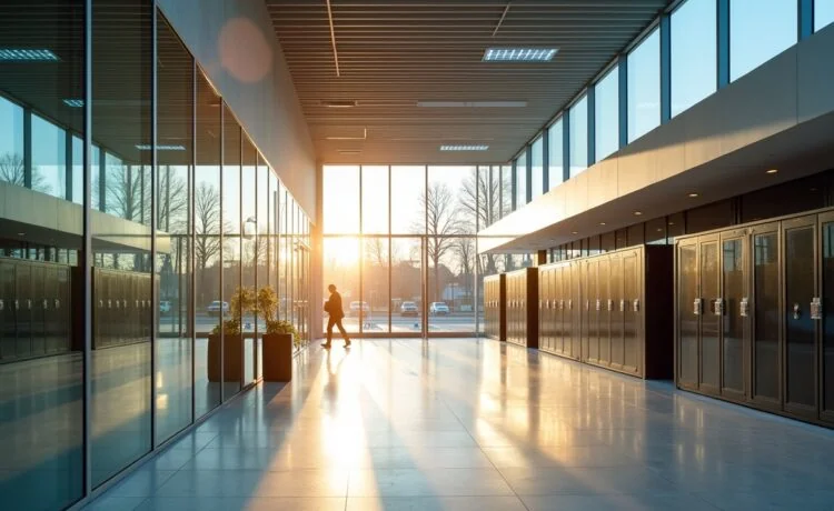 Ein strahlend helles, modern designtes Rechenzentrum in Amsterdam-West, fotografiert bei warmem Tageslicht mit klaren, realistischen Details und freundlicher Atmosphäre, die durch natürliche Reflexionen auf Glas- und Metallflächen sowie die ruhige Umgebung eine einladende und zukunftsweisende Stimmung für die nachhaltige High-Tech-Infrastruktur von Volt vermittelt.