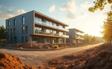 Sonnenbeschienenes, weitläufiges Baugrundstück mit moderner Bautechnik im Hintergrund, auf dem Architekten und Ingenieure in lebhafter Beratung mit warmem Tageslicht und klaren Himmel den Grundstein für ein zukunftsweisendes Rechenzentrum legen.