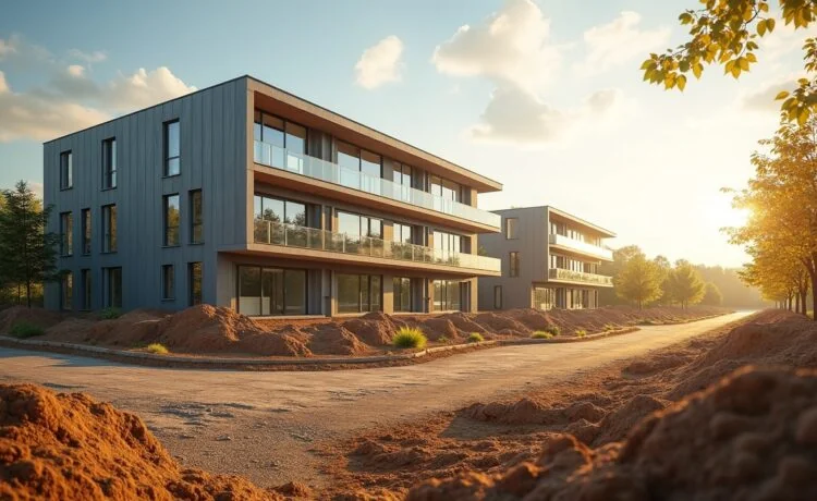Sonnenbeschienenes, weitläufiges Baugrundstück mit moderner Bautechnik im Hintergrund, auf dem Architekten und Ingenieure in lebhafter Beratung mit warmem Tageslicht und klaren Himmel den Grundstein für ein zukunftsweisendes Rechenzentrum legen.