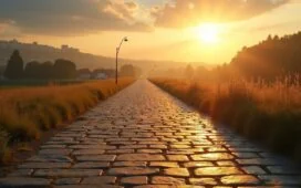 Ein warm erleuchtetes, editorial gestaltetes Foto einer sonnenbeschienenen, antiken römischen Straße mit markanten Pflastersteinen, die sich in sanften Linien durch eine idyllische Landschaft ziehen, während im Hintergrund moderne Städte und digital angedeutete Netzwerke verschwimmen und so die Verbindung von historischen Verkehrswegen und moderner Infrastruktur harmonisch visualisieren.