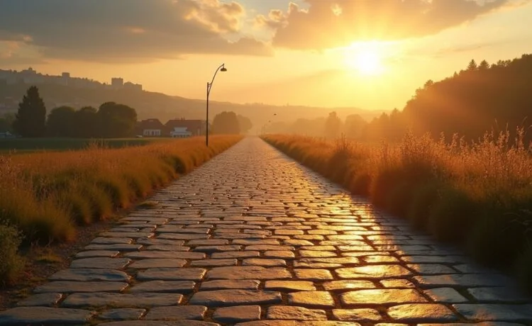 Ein warm erleuchtetes, editorial gestaltetes Foto einer sonnenbeschienenen, antiken römischen Straße mit markanten Pflastersteinen, die sich in sanften Linien durch eine idyllische Landschaft ziehen, während im Hintergrund moderne Städte und digital angedeutete Netzwerke verschwimmen und so die Verbindung von historischen Verkehrswegen und moderner Infrastruktur harmonisch visualisieren.