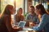 In warmem, natürlichem Tageslicht zeigt eine moderne Büro- oder Café-Szenerie eine diverse Gruppe von Menschen, die lebhaft in ein entspanntes Gespräch vertieft sind, umgeben von Laptops, Tablets und Notizblöcken, wobei der Fokus auf dynamischem Austausch und authentischer Kommunikation in einer hellen, freundlichen Atmosphäre liegt.