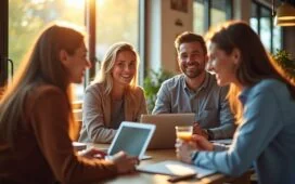 In warmem, natürlichem Tageslicht zeigt eine moderne Büro- oder Café-Szenerie eine diverse Gruppe von Menschen, die lebhaft in ein entspanntes Gespräch vertieft sind, umgeben von Laptops, Tablets und Notizblöcken, wobei der Fokus auf dynamischem Austausch und authentischer Kommunikation in einer hellen, freundlichen Atmosphäre liegt.