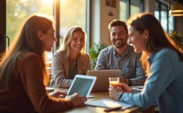 In warmem, natürlichem Tageslicht zeigt eine moderne Büro- oder Café-Szenerie eine diverse Gruppe von Menschen, die lebhaft in ein entspanntes Gespräch vertieft sind, umgeben von Laptops, Tablets und Notizblöcken, wobei der Fokus auf dynamischem Austausch und authentischer Kommunikation in einer hellen, freundlichen Atmosphäre liegt.