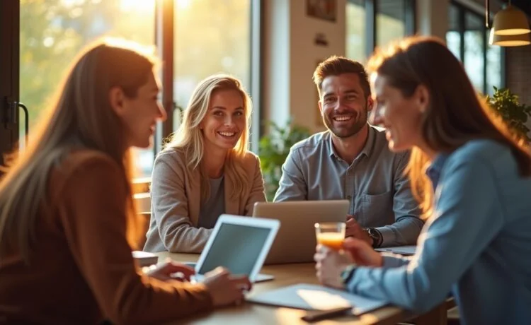 In warmem, natürlichem Tageslicht zeigt eine moderne Büro- oder Café-Szenerie eine diverse Gruppe von Menschen, die lebhaft in ein entspanntes Gespräch vertieft sind, umgeben von Laptops, Tablets und Notizblöcken, wobei der Fokus auf dynamischem Austausch und authentischer Kommunikation in einer hellen, freundlichen Atmosphäre liegt.