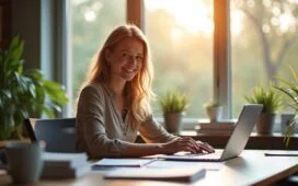 Ein hell erleuchtetes, modernes Büro mit warmem Tageslicht durch große Fenster, in dem eine entspannte Solo-Selbstständige mit einem freundlichen Lächeln an ihrem Laptop arbeitet, umgeben von aufgeräumten Schreibtischutensilien und digital präsentierten Dokumenten, die nahtlose KI-Unterstützung und effiziente Büroautomation symbolisieren.