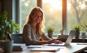Ein hell erleuchtetes, modernes Büro mit warmem Tageslicht durch große Fenster, in dem eine entspannte Solo-Selbstständige mit einem freundlichen Lächeln an ihrem Laptop arbeitet, umgeben von aufgeräumten Schreibtischutensilien und digital präsentierten Dokumenten, die nahtlose KI-Unterstützung und effiziente Büroautomation symbolisieren.