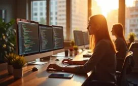 In einem sonnendurchfluteten, modernen Büro sitzen engagierte Entwicklerinnen und Entwickler konzentriert vor mehreren Bildschirmen, auf denen farbige Codezeilen zu sehen sind, während die warme Nachmittagssonne durch große Fenster strahlt und eine freundliche, kreative Arbeitsatmosphäre schafft.