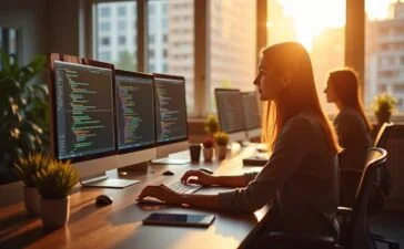 In einem sonnendurchfluteten, modernen Büro sitzen engagierte Entwicklerinnen und Entwickler konzentriert vor mehreren Bildschirmen, auf denen farbige Codezeilen zu sehen sind, während die warme Nachmittagssonne durch große Fenster strahlt und eine freundliche, kreative Arbeitsatmosphäre schafft.