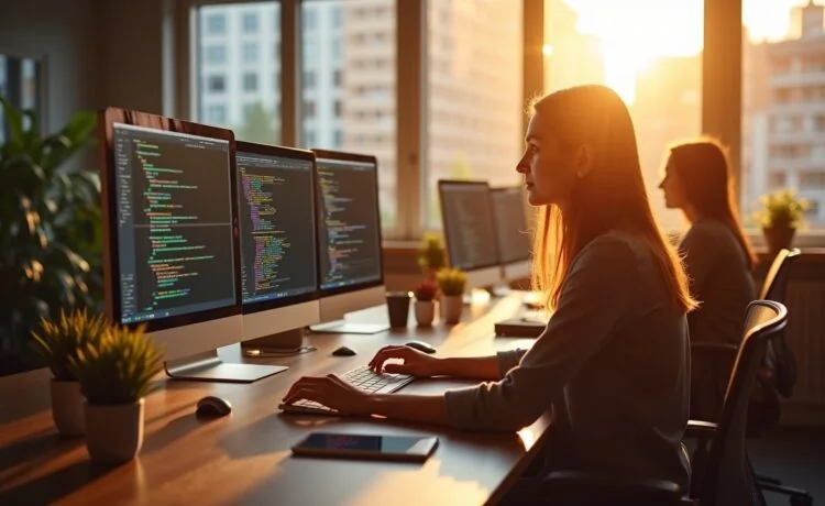 In einem sonnendurchfluteten, modernen Büro sitzen engagierte Entwicklerinnen und Entwickler konzentriert vor mehreren Bildschirmen, auf denen farbige Codezeilen zu sehen sind, während die warme Nachmittagssonne durch große Fenster strahlt und eine freundliche, kreative Arbeitsatmosphäre schafft.