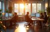 Ein lichtdurchflutetes, modernes Entwicklerbüro im warmen Morgenlicht, in dem ein diverses Team konzentriert an Laptops und großen Bildschirmen mit Cloud- und KI-Daten arbeitet, umgeben von organischen Pflanzen und minimalistischer Einrichtung, die eine positive Atmosphäre von Fortschritt und kollaborativer Innovation ausstrahlt.