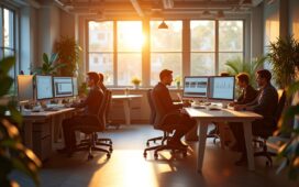 Ein lichtdurchflutetes, modernes Entwicklerbüro im warmen Morgenlicht, in dem ein diverses Team konzentriert an Laptops und großen Bildschirmen mit Cloud- und KI-Daten arbeitet, umgeben von organischen Pflanzen und minimalistischer Einrichtung, die eine positive Atmosphäre von Fortschritt und kollaborativer Innovation ausstrahlt.