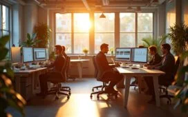 Ein lichtdurchflutetes, modernes Entwicklerbüro im warmen Morgenlicht, in dem ein diverses Team konzentriert an Laptops und großen Bildschirmen mit Cloud- und KI-Daten arbeitet, umgeben von organischen Pflanzen und minimalistischer Einrichtung, die eine positive Atmosphäre von Fortschritt und kollaborativer Innovation ausstrahlt.