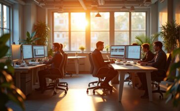 Ein lichtdurchflutetes, modernes Entwicklerbüro im warmen Morgenlicht, in dem ein diverses Team konzentriert an Laptops und großen Bildschirmen mit Cloud- und KI-Daten arbeitet, umgeben von organischen Pflanzen und minimalistischer Einrichtung, die eine positive Atmosphäre von Fortschritt und kollaborativer Innovation ausstrahlt.