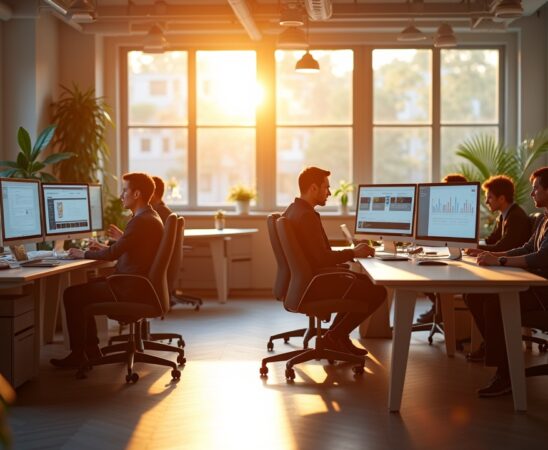 Ein lichtdurchflutetes, modernes Entwicklerbüro im warmen Morgenlicht, in dem ein diverses Team konzentriert an Laptops und großen Bildschirmen mit Cloud- und KI-Daten arbeitet, umgeben von organischen Pflanzen und minimalistischer Einrichtung, die eine positive Atmosphäre von Fortschritt und kollaborativer Innovation ausstrahlt.