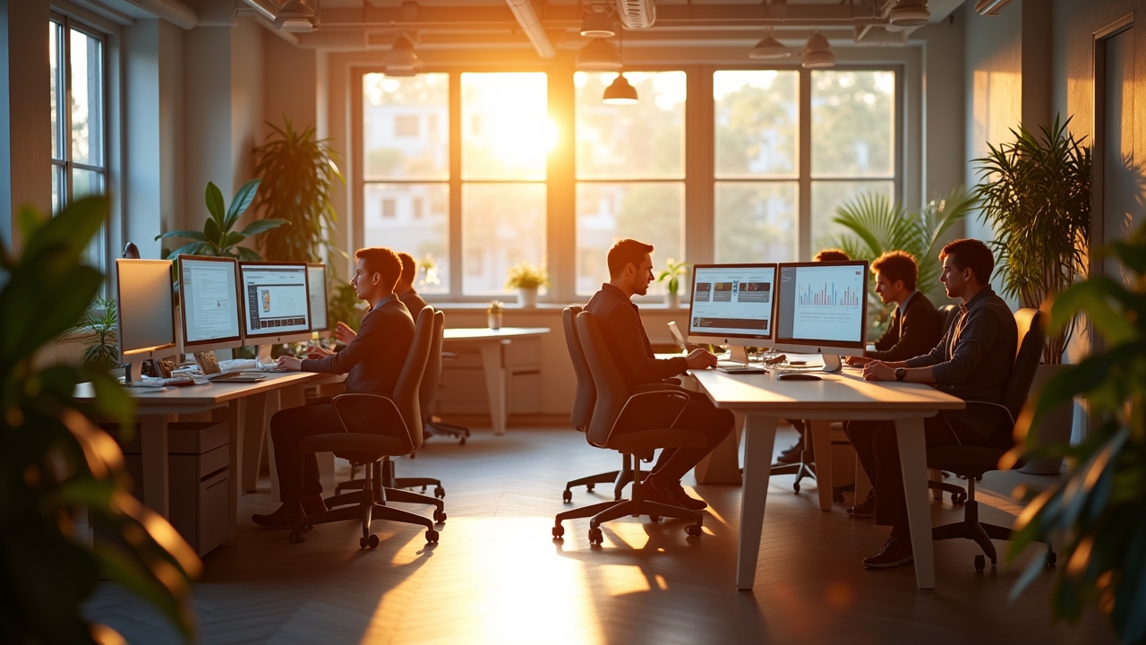 Ein lichtdurchflutetes, modernes Entwicklerbüro im warmen Morgenlicht, in dem ein diverses Team konzentriert an Laptops und großen Bildschirmen mit Cloud- und KI-Daten arbeitet, umgeben von organischen Pflanzen und minimalistischer Einrichtung, die eine positive Atmosphäre von Fortschritt und kollaborativer Innovation ausstrahlt.