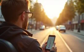 Ein sonnendurchfluteter Straßenabschnitt in moderner Stadtlandschaft, auf dem ein Fahrer entspannt und konzentriert mit Hilfe einer Smartphone-Navigation die Spur wechselt, während sanftes Tageslicht die urbane Dynamik und freundliche Atmosphäre lebendig einfängt.