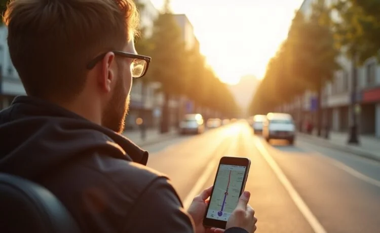 Ein sonnendurchfluteter Straßenabschnitt in moderner Stadtlandschaft, auf dem ein Fahrer entspannt und konzentriert mit Hilfe einer Smartphone-Navigation die Spur wechselt, während sanftes Tageslicht die urbane Dynamik und freundliche Atmosphäre lebendig einfängt.