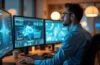 Ein lichtdurchflutetes, modernes Büro mit freundlicher Atmosphäre, in dem ein konzentrierter Ingenieur vor einem Bildschirm mit komplexen Quantencomputing-Visualisierungen sitzt, umgeben von sanft strahlender Technik und warmen Holzelementen, die Optimismus und die geduldige Zukunftsfähigkeit innovativer Forschung vermitteln.