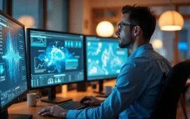 Ein lichtdurchflutetes, modernes Büro mit freundlicher Atmosphäre, in dem ein konzentrierter Ingenieur vor einem Bildschirm mit komplexen Quantencomputing-Visualisierungen sitzt, umgeben von sanft strahlender Technik und warmen Holzelementen, die Optimismus und die geduldige Zukunftsfähigkeit innovativer Forschung vermitteln.