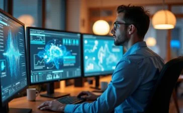 Ein lichtdurchflutetes, modernes Büro mit freundlicher Atmosphäre, in dem ein konzentrierter Ingenieur vor einem Bildschirm mit komplexen Quantencomputing-Visualisierungen sitzt, umgeben von sanft strahlender Technik und warmen Holzelementen, die Optimismus und die geduldige Zukunftsfähigkeit innovativer Forschung vermitteln.