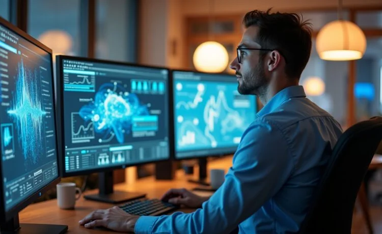 Ein lichtdurchflutetes, modernes Büro mit freundlicher Atmosphäre, in dem ein konzentrierter Ingenieur vor einem Bildschirm mit komplexen Quantencomputing-Visualisierungen sitzt, umgeben von sanft strahlender Technik und warmen Holzelementen, die Optimismus und die geduldige Zukunftsfähigkeit innovativer Forschung vermitteln.