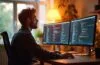 Ein warm beleuchtetes, modernes Büro mit einem entspannten Webentwickler, der konzentriert vor mehreren Monitoren sitzt, auf denen verschiedene Bildformate und Code-Snippets zu sehen sind, während sanftes Tageslicht durch große Fenster fällt und eine inspirierende, technikaffine Atmosphäre schafft.