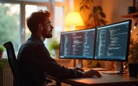 Ein warm beleuchtetes, modernes Büro mit einem entspannten Webentwickler, der konzentriert vor mehreren Monitoren sitzt, auf denen verschiedene Bildformate und Code-Snippets zu sehen sind, während sanftes Tageslicht durch große Fenster fällt und eine inspirierende, technikaffine Atmosphäre schafft.