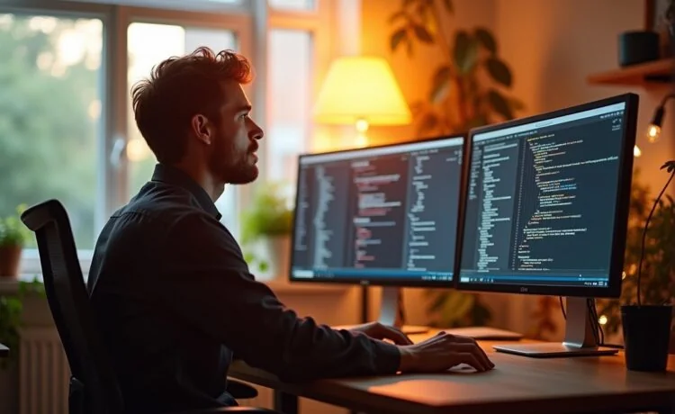 Ein warm beleuchtetes, modernes Büro mit einem entspannten Webentwickler, der konzentriert vor mehreren Monitoren sitzt, auf denen verschiedene Bildformate und Code-Snippets zu sehen sind, während sanftes Tageslicht durch große Fenster fällt und eine inspirierende, technikaffine Atmosphäre schafft.