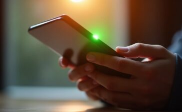 Ein heller, naher Blick auf ein modernes Smartphone in einer warm erleuchteten Hand, bei dem ein dezenter grüner Punkt oben am Display in sanftem Tageslicht aufleuchtet und so Aufmerksamkeit auf das sensible Thema Datenschutz und digitale Sicherheit lenkt.